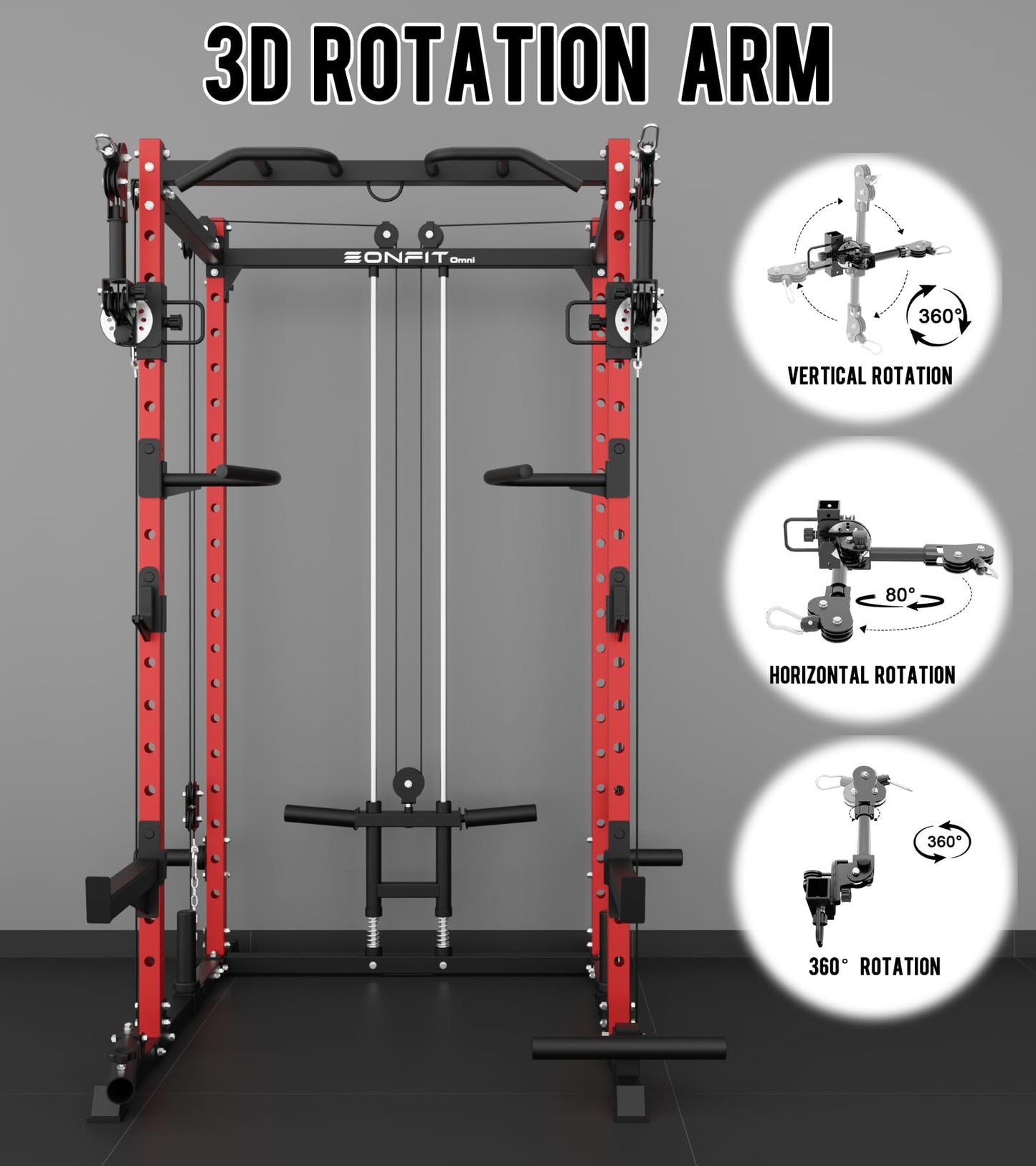 Eonfit E2 Power Cage with 3D Rotation Arms - Multi-Functional Power Rack for Home Gym. 1500lb Squat Rack for Home Gym. Pulley System for Cable Crossover & LAT Pulldown (RED, PRO)