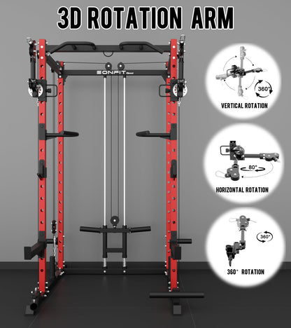 Eonfit E2 Power Cage with 3D Rotation Arms - Multi-Functional Power Rack for Home Gym. 1500lb Squat Rack for Home Gym. Pulley System for Cable Crossover & LAT Pulldown (RED, PRO)