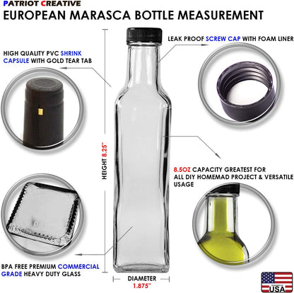 Quadra Bottles 8.5 Oz - 15 Sets of Premium Glass Square Bottles with Leak Proof Airtight Caps, Black
