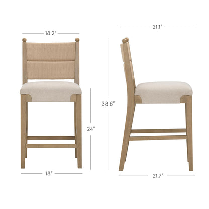 Nathan James Cove Seagrass Counter Stool Wood Upholstered Bar Stool with Natural Flax Cushion and Seagrass Backrest, Light Brown