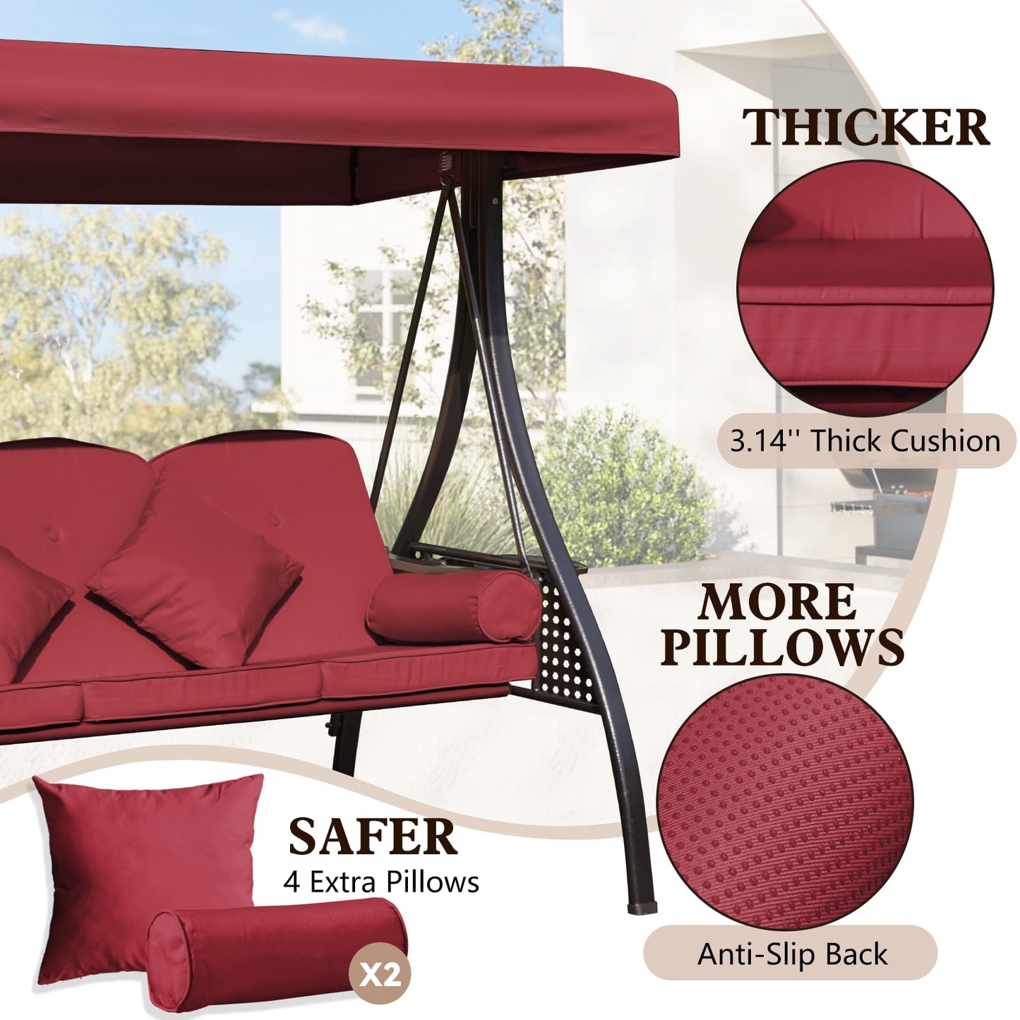 Mvpipi Outdoor Porch Patio Swing,3-seat Swing with Canopy,3 in 1 Convertible Swing Bed for Adults,Porch Swing with Stand,Bench Swing with Pillows & Cup Holder for Garden,Deck(Wine Red,Square Tube)