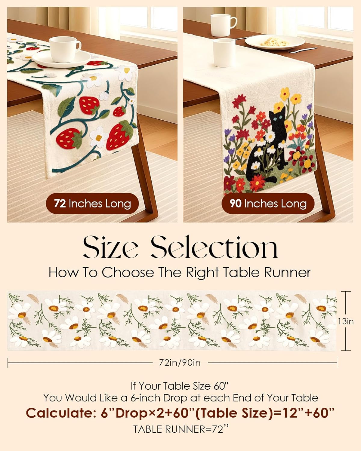 13"x 72" Counter Canvas Embroidered Table Runner - Coffee Table Runner for Living Room Narrow Tablerunner for Dining