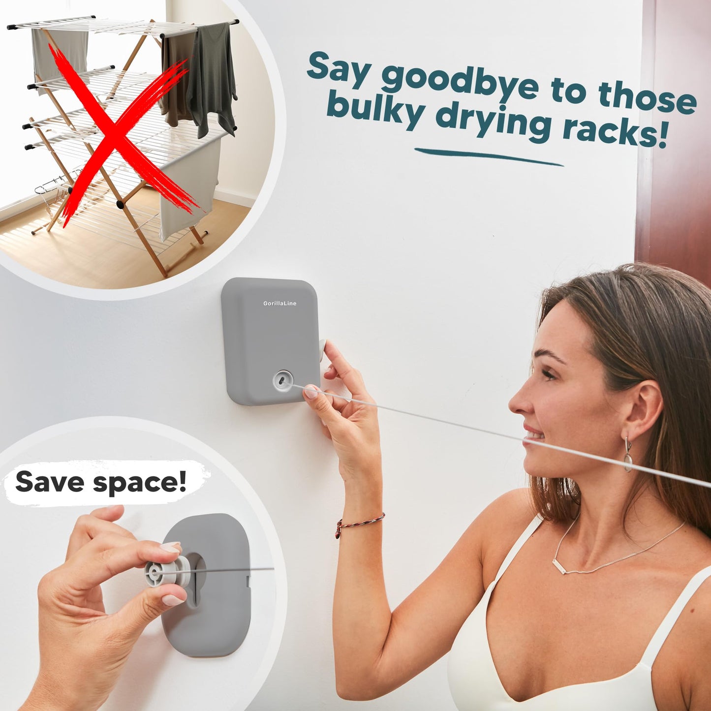 GorillaLine - Retractable Clothesline Indoor Outdoor Clothes Line | Heavy Duty Clothes Drying Laundry Line | Wall Mounted Drying Rack Clothing Line | Retracting Hanging | Lock to Prevent Sagging Gray