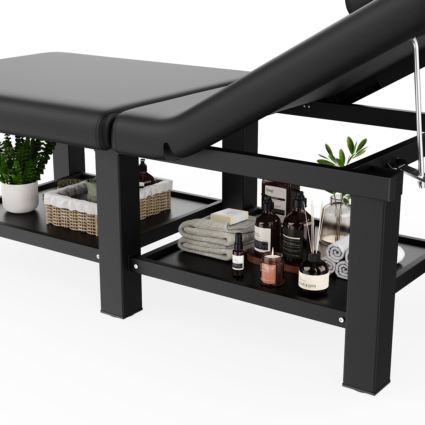 30.5'' Wide × 75'' Long Folding Stationary Massage Table with Backrest and Storage Space for Treatment Table Physical Therapy Table Spa Facial Bed, 6 Square legs, Metal Frame PU Leather - Black