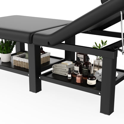 30.5'' Wide × 75'' Long Folding Stationary Massage Table with Backrest and Storage Space for Treatment Table Physical Therapy Table Spa Facial Bed, 6 Square legs, Metal Frame PU Leather - Black