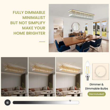 Siljoy 10-Light Modern Crystal Chandelier, Luxury Gold Rectangular Flush Mount Ceiling Light, Large Rectangle Raindrop Chandelier for Living Dining Room Kitchen Island Bar L47'' x W10'' x H10''