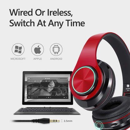 YTYC Bluetooth Headphones Over Ear Headphones with Deep Bass LED Foldable Stereo Headphones, Wired and Wireless Headset for Smart Phone/TV/PC(Red/Black)