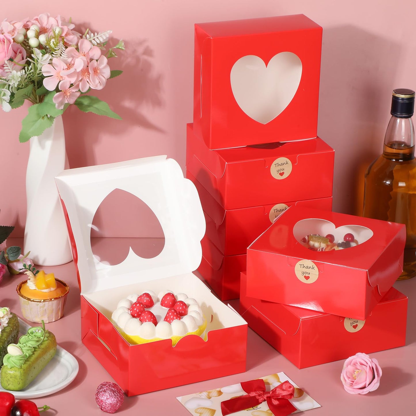 Janlaugh 25 Pcs Red Bakery Boxes for Women Mother with Window Heart Cupcake Treat Cookie Dessert Box Bulk Mom Gift for Chocolate Strawberries Donuts Candy Party Favor (6x6x2.5 Inch)