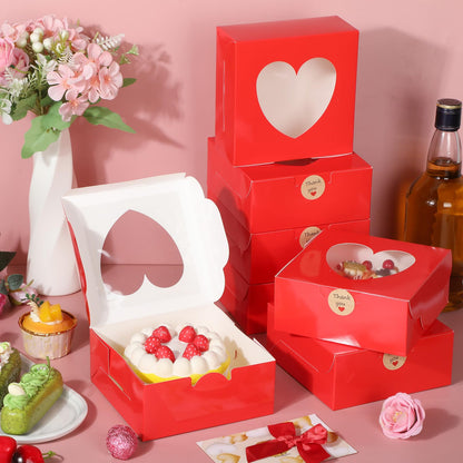 Janlaugh 25 Pcs Red Bakery Boxes for Women Mother with Window Heart Cupcake Treat Cookie Dessert Box Bulk Mom Gift for Chocolate Strawberries Donuts Candy Party Favor (6x6x2.5 Inch)