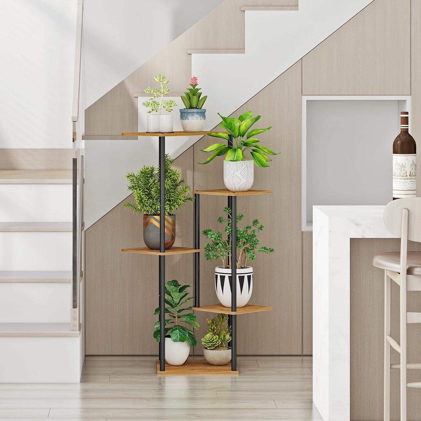 5 HAYOFAMY Tier Plant Stand Indoor, Tall Plant Shelf Metal Wood Multiple, Flower Pot Holder for Living Room Office