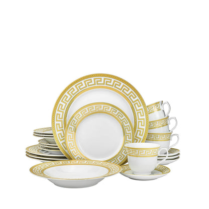Euro Porcelain 57-pc Banquet Dinnerware Set Gold Greek Key - Luxury Tableware Dining Service for 8