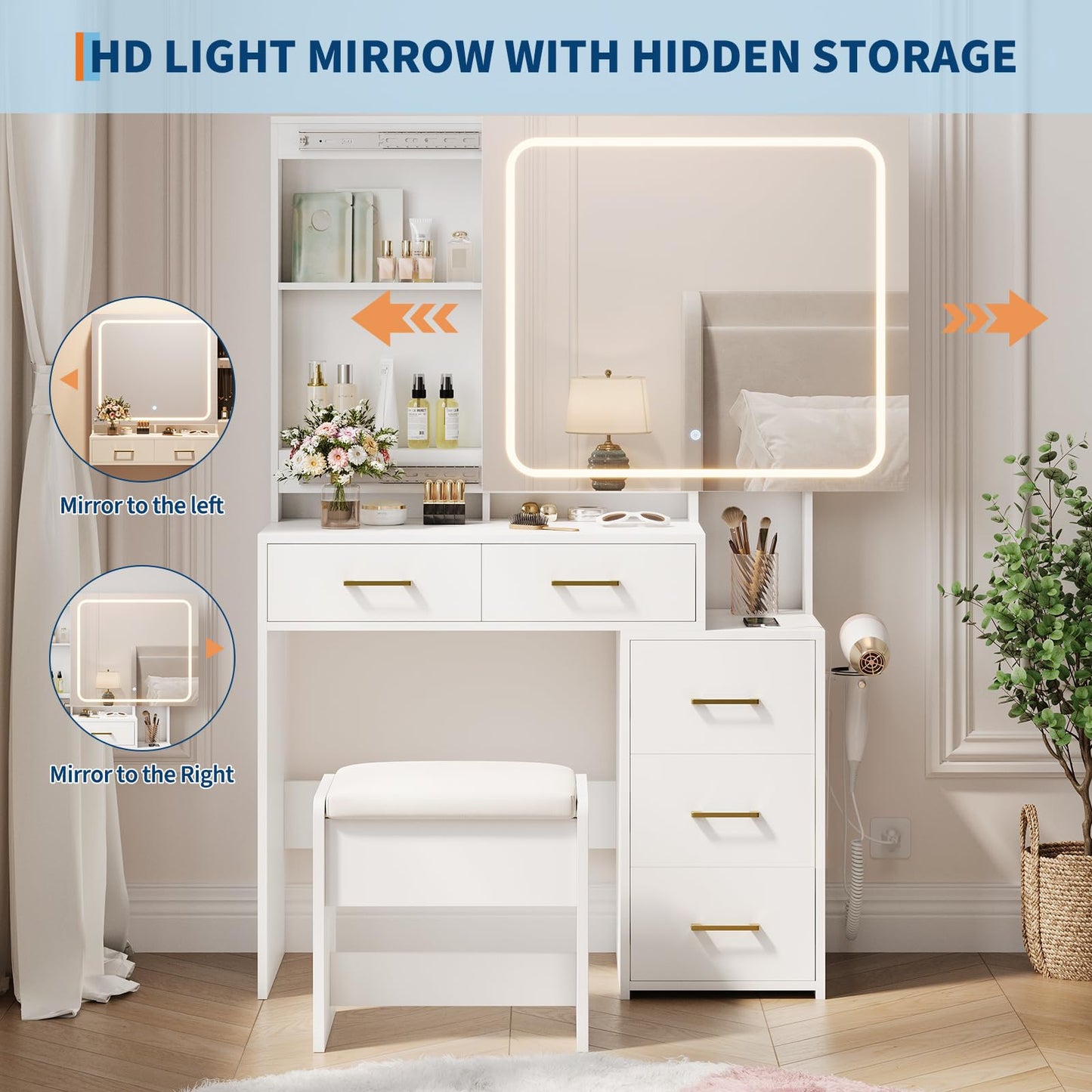 GarveeHome Makeup Vanity Set with Mirror and Lights, Vanity Desk with 5 Drawers, Stool & Power Outlet, 3-Color Lighting Modes with Adjustable Brightness for Bedroom Dressing Table, White