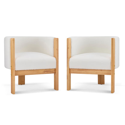 Christopher Knight Home Annie Modern Boucle Upholstered Dining Chairs Set of 2, Wooden Dining Room Armchair, Curved Backrest Kitchen Chairs, Living Room Accent Chair for Extra Seat, Natural + White