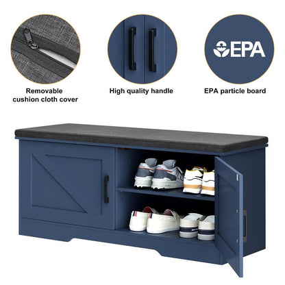 HOMSHO 2-Tier Storage Bench, 39.4" Wide Shoe Bench with Padded Seat Cushion, Entryway Bench with 2 Barn Doors and Adjustable Shelf, Blue