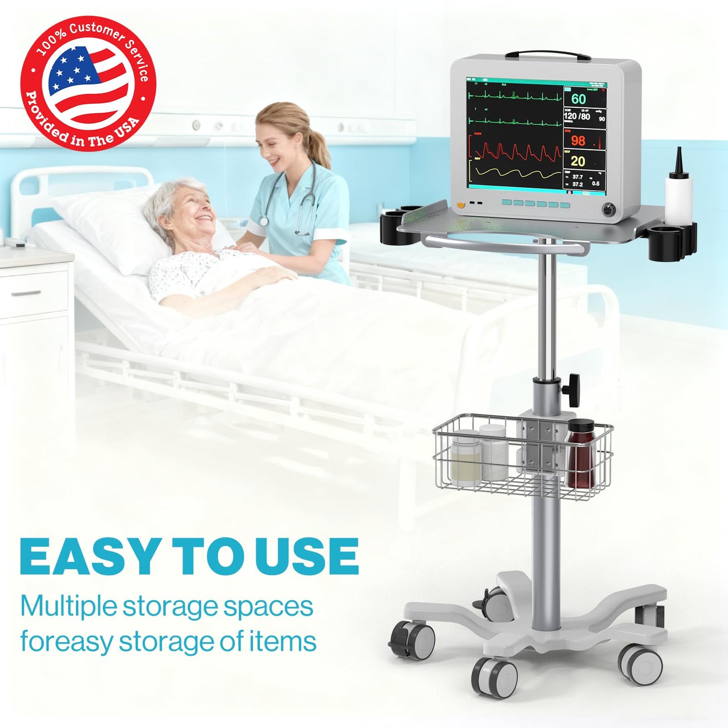 Medical Mobile Trolley Cart with Wheels - Height Adjustable Stainless Steel Dental Cart Rolling Desktop with 16.5"× 16.5" Large Tabletop for Dental Offices, Hospitals, Labs