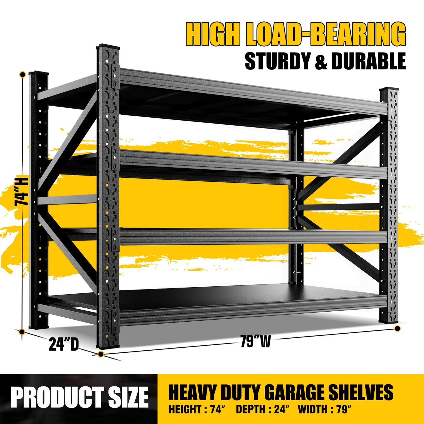 8000LBS Heavy Duty Storage Shelves, 4 Tier Adjustable Garage Shelving Unit, Heavy Duty Metal Shelving for Garage, Basement, Warehouse, Storage Room, Garage Storage Shelves, 79" W x 24" D x 74" H Black