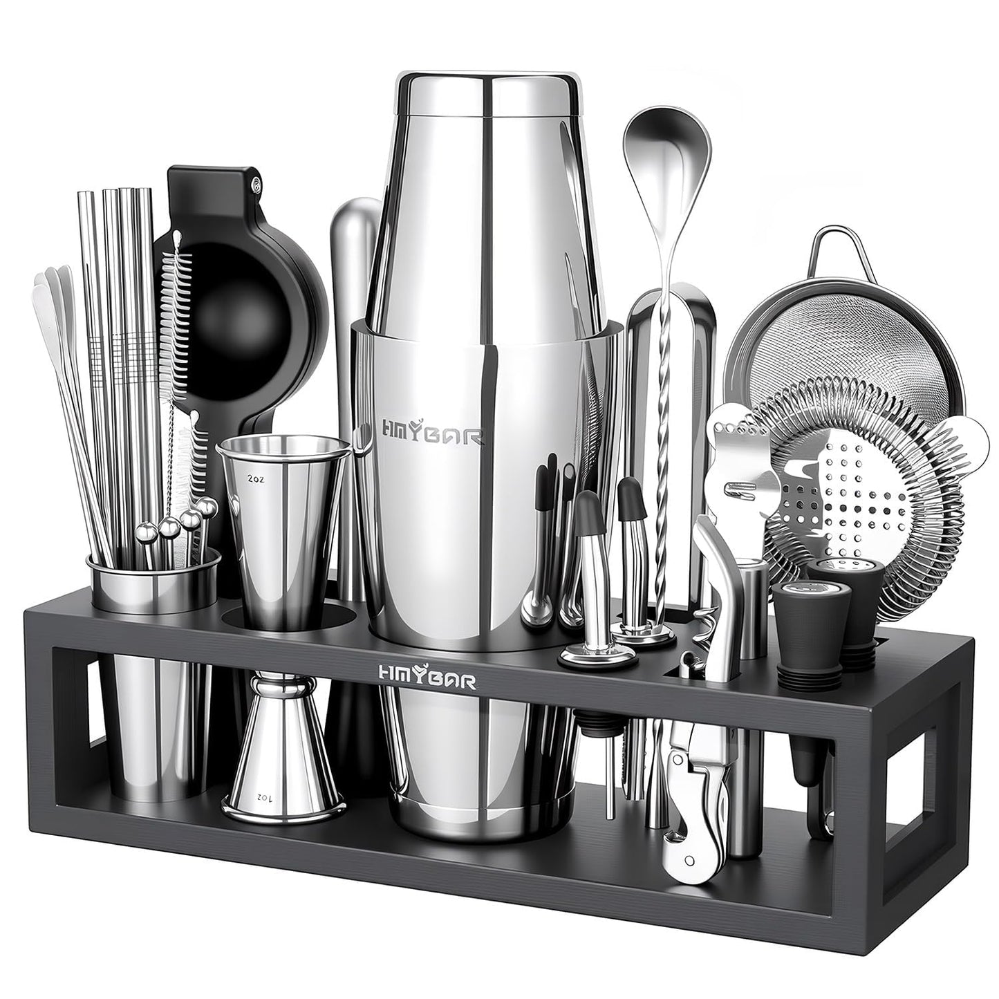 HMYBAR® Bartender Kit with Black Bamboo Stand, 31-Piece Cocktail Shaker Set, 20/28 oz Boston Shaker Set for Home Bar, Mixology Bar Tool Set with 39 Recipe Cards
