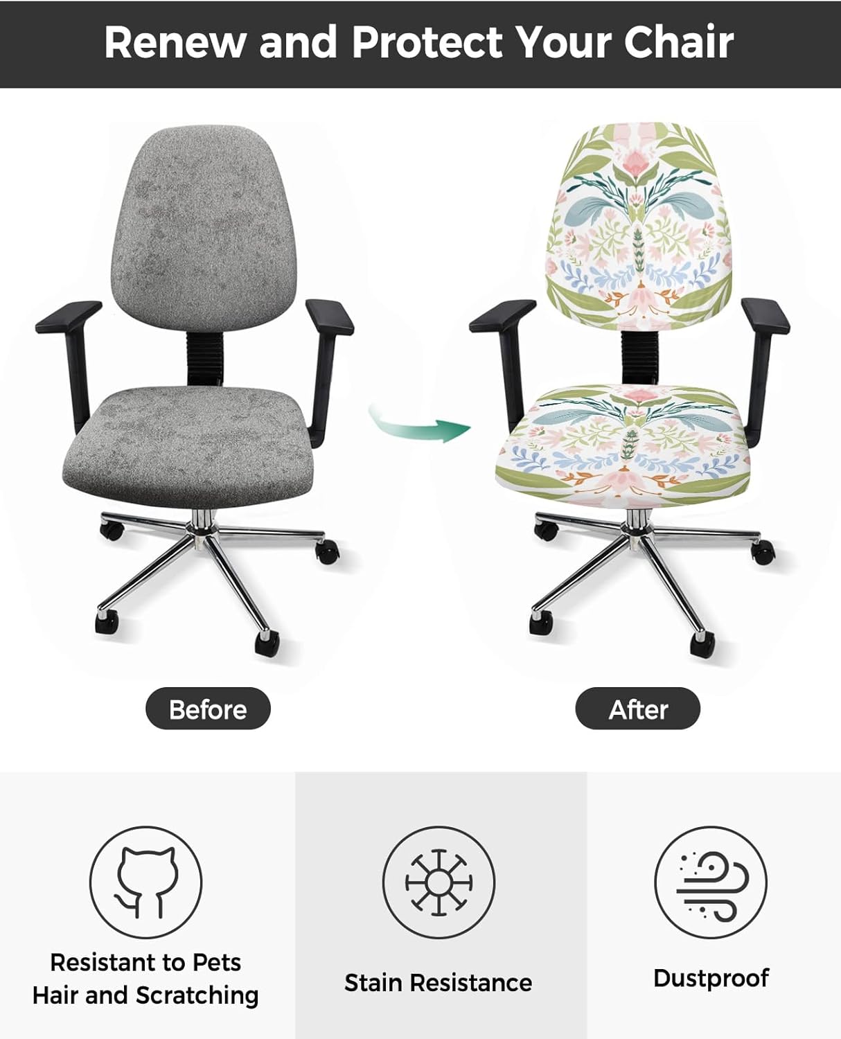 Green Blue Pink Floral Office Chair Cover, Stretchable Computer Chair Seat Cover, Backrest Slipcovers, Rustic Ethnic