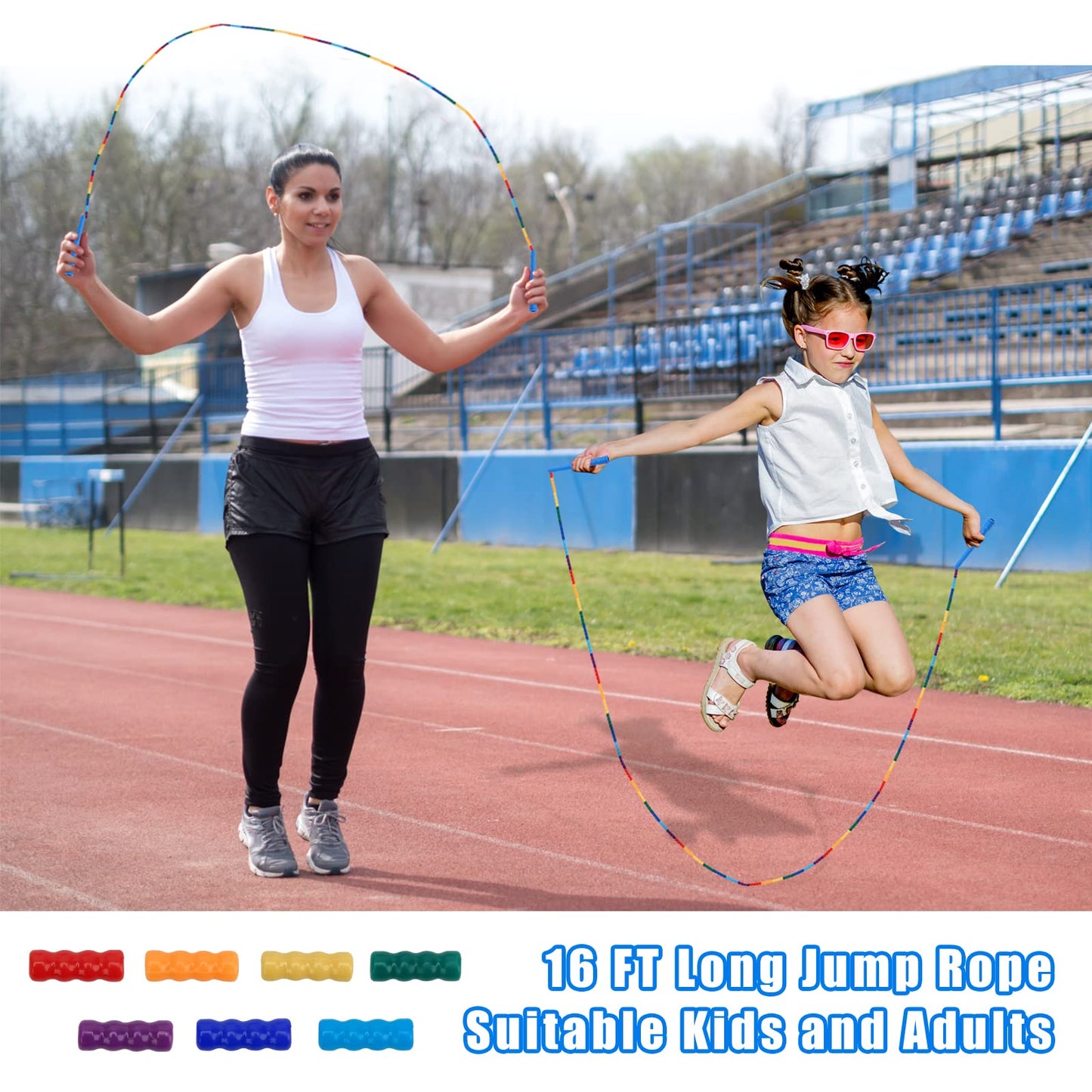 Coolrunner 16 FT Long Jump Rope(2 PACK), Double Dutch Jump Ropes, Soft Beaded Skipping for Kids Adults, Plastic Segmented Long Enough for 4-5 Jumpers
