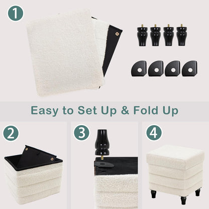 15"x12.6"x15.4" CAROLMADE Folding Storage Ottoman Cube Sherpa Footstool with Wood Legs Ottoman Footrest for Living Room