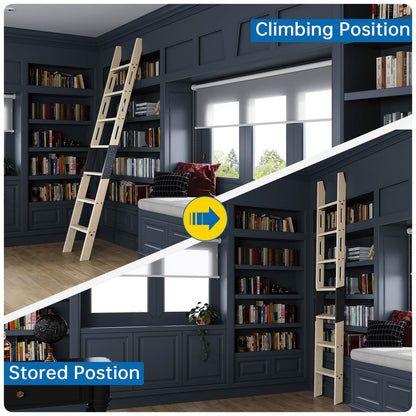 CEAKIAN Rolling Library Ladder 8ft,450lbs Capacity,7 Steps with Build-in Handrail,Solid Wood,Easy Assembly for Loft Bookshelf Kitchen Attic Outdoors,DIY Stain (No Sliding Hardware)