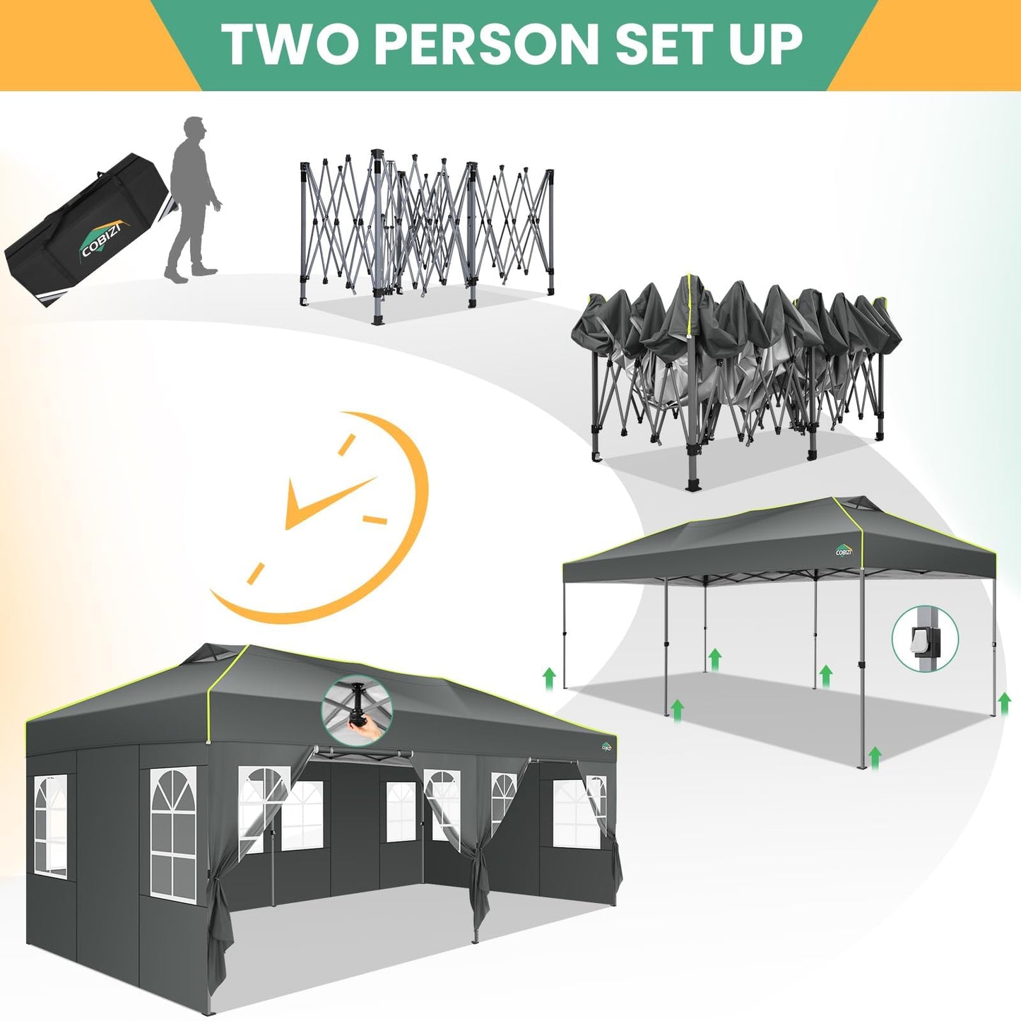 COBIZI 10x20 Pop Up Canopy Tent, Outdoor Party Tent with 6 Sidewall One Push Setup Glow, 3 Adjustable Height Air Vent Waterproof UPF50+, Bag, 4 Sandbag, 6 Stake, 12 Rope for Beach, Commercial