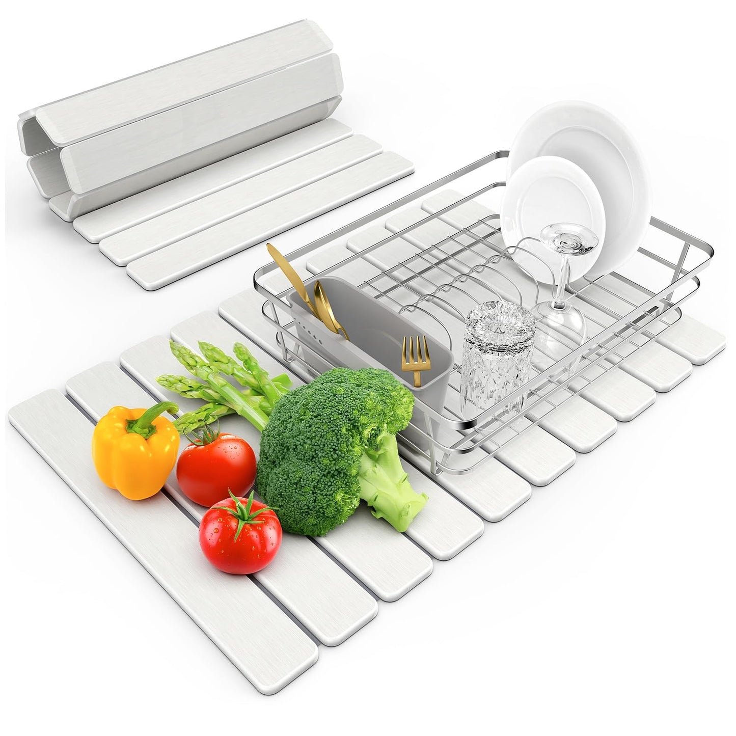 Large Stone Dish Drying Mat for Kitchen Counter, 24"(L)×16"(W), Collapsible Quick Dry Stone Dish Mats, Super Absorbent Diatomaceous Earth Drying Pad for Dishes Bottles Cups, Any Countertop (White)