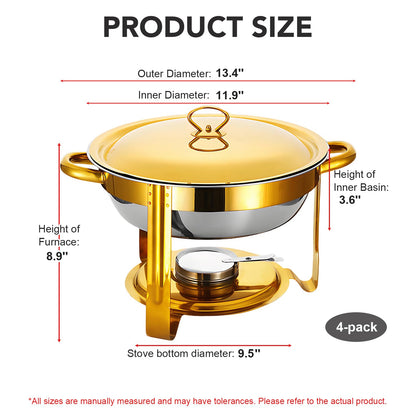 Round Chafing Dish Buffet Set of 4, Stainless Steel Food Warmers with Lids and Fuel Holders, Catering Chafer Serving Set for Banquets, Parties, Events(D)