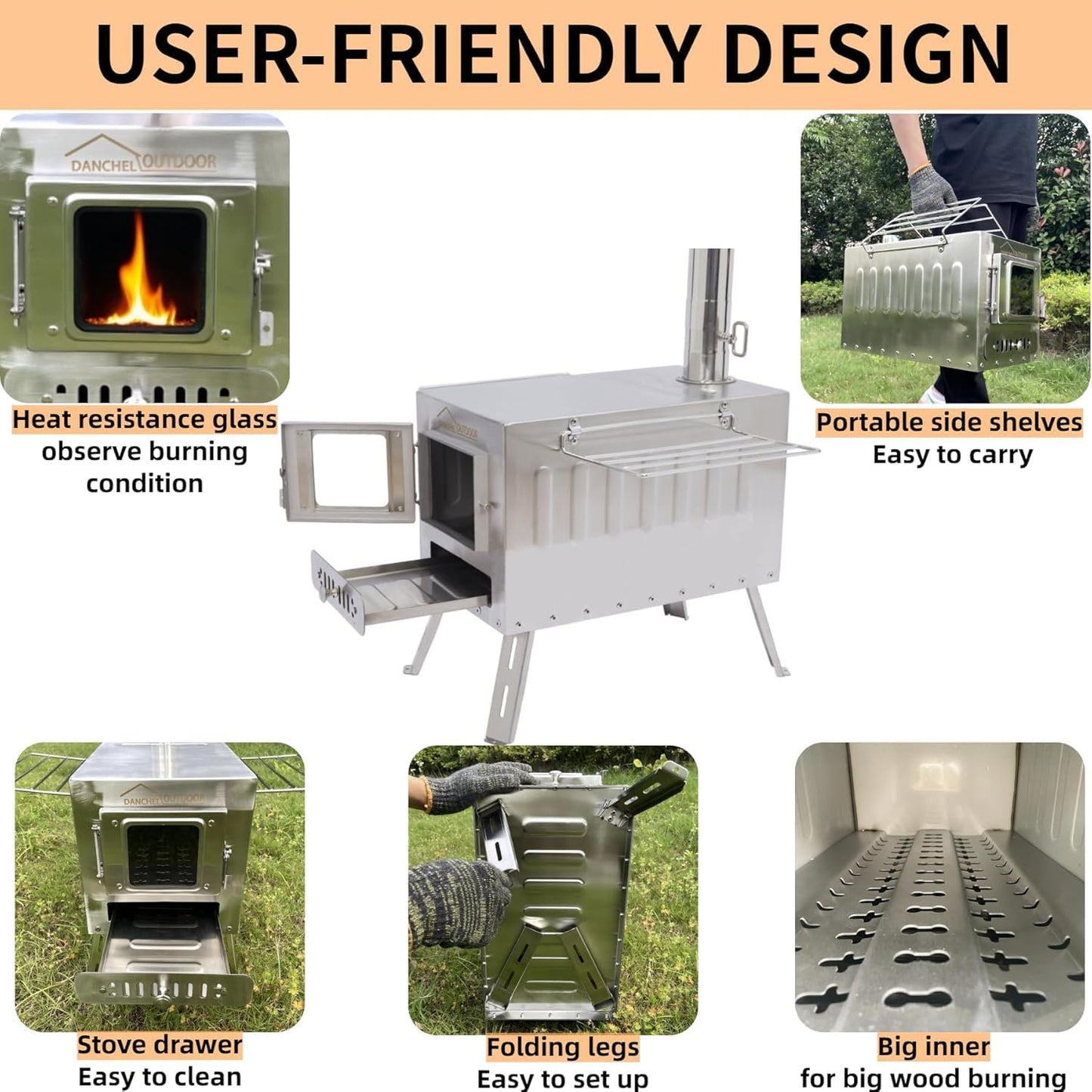 DANCHEL OUTDOOR B6 4 Season Glamping Wall Tent w/Large Wood Stove Camping, No Center Pole, Higher Side Wall,900D Flame Retardant Oxford for 6-8 Person Yurt Cabin Tent,16.4ft/5m
