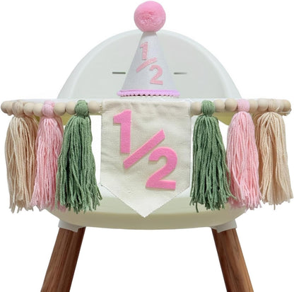 Cuvaho 1/2 6 1/2 1/2) Half Birthday Decorations Girl Pink Sage Green High Chair Banner with Half Birthday Hat for Month
