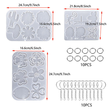 Attuslla 3 PCS Pendant Resin Molds Silicone Resin Jewelry Molds, Earring Making Kit, Silicone Molds with Key Chains, Jump Rings for Pendant, Keychain Charm