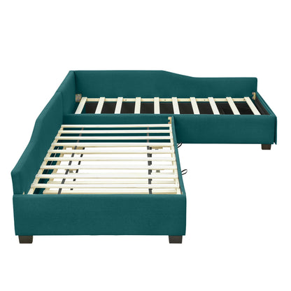 Merax Double Twin Size Upholstered Daybed with Trundle and Storage Drawer, Green Wood Bed Frame for Teens
