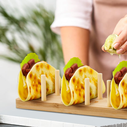 Pinkunn 4 Pcs Bamboo Taco Tray Holder Holds 8 Rack Tray Soft or Hard Shell Tacos Food Serving Stand for Tortillas Burritos Kitchen Accessory Housewarming Gift