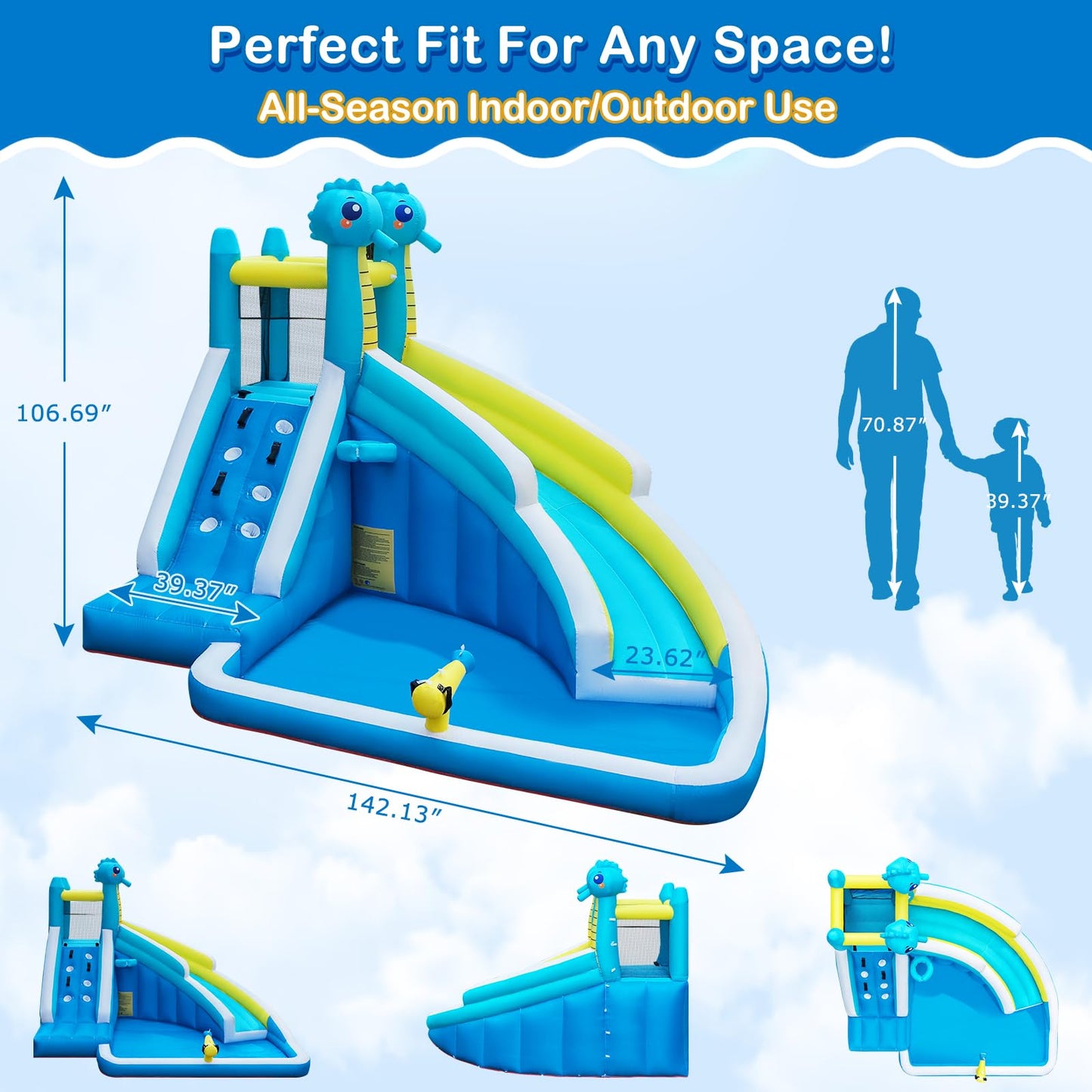 Seahorse Inflatable Water Slide for Kids Backyard | 5-in-1 Blow Up Splash Park with Climbing Wall, WaterSlide, Water Cannon, Basketball Hoop & 480W Blower| Indoor/Outdoor Toys for Ages 3+