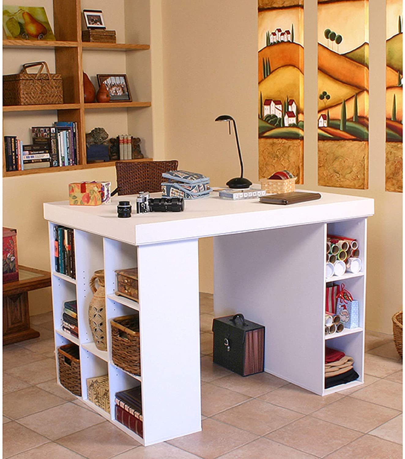 Project Center Desk with Bookcase and 3 Bin Cabinet,Modern-White