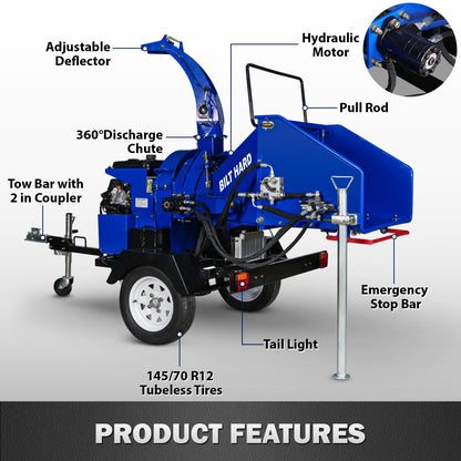 BILT HARD 8 Inch 764cc 25HP E-Start Gas Powered Hydraulic Feeding Wood Chipper, Towable Branch Shredder Mulcher with Tow Bar, Emergency Stop Bar and Tail Light