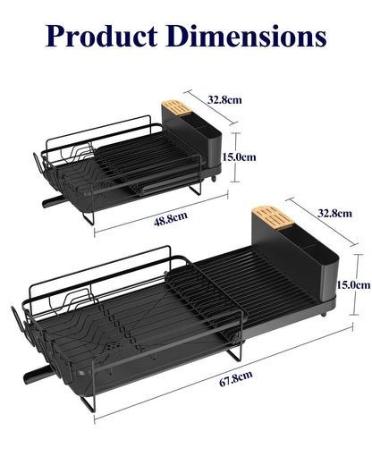 Kitsure Large Dish Drying Rack - Extendable Dish Rack, Multifunctional Dish Rack for Kitchen Counter, Anti-Rust Dish Drainers with Cutlery & Cup Holders 19.2"-26.7" L x 12.9" W, Black