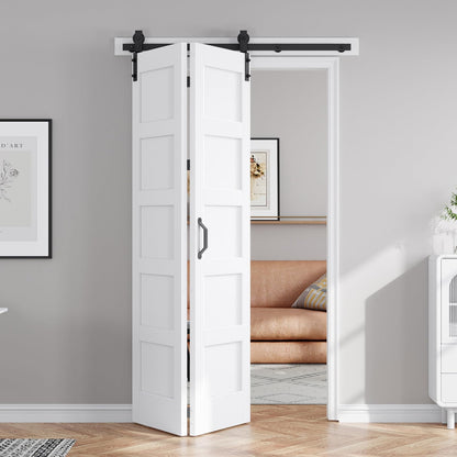 FREDBECK 42X84(Double 21x84) Bifold Door Bi-fold Barn Doors White Double with 46" Hardware Track Kit Included,Solid MDF with Water-Proof PVC Surface for Closet,Assembly Required
