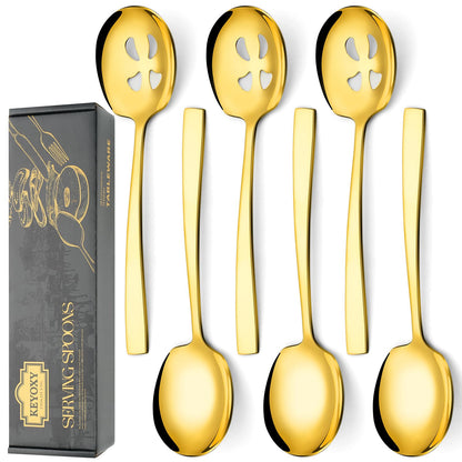 Keyoxy 6 Piece Stainless Steel Serving Spoons Set - 3 Large, 3 Slotted, 9.2-Inch, Dishwasher Safe, for Parties/Kitchen/Buffet/Catering,Gold