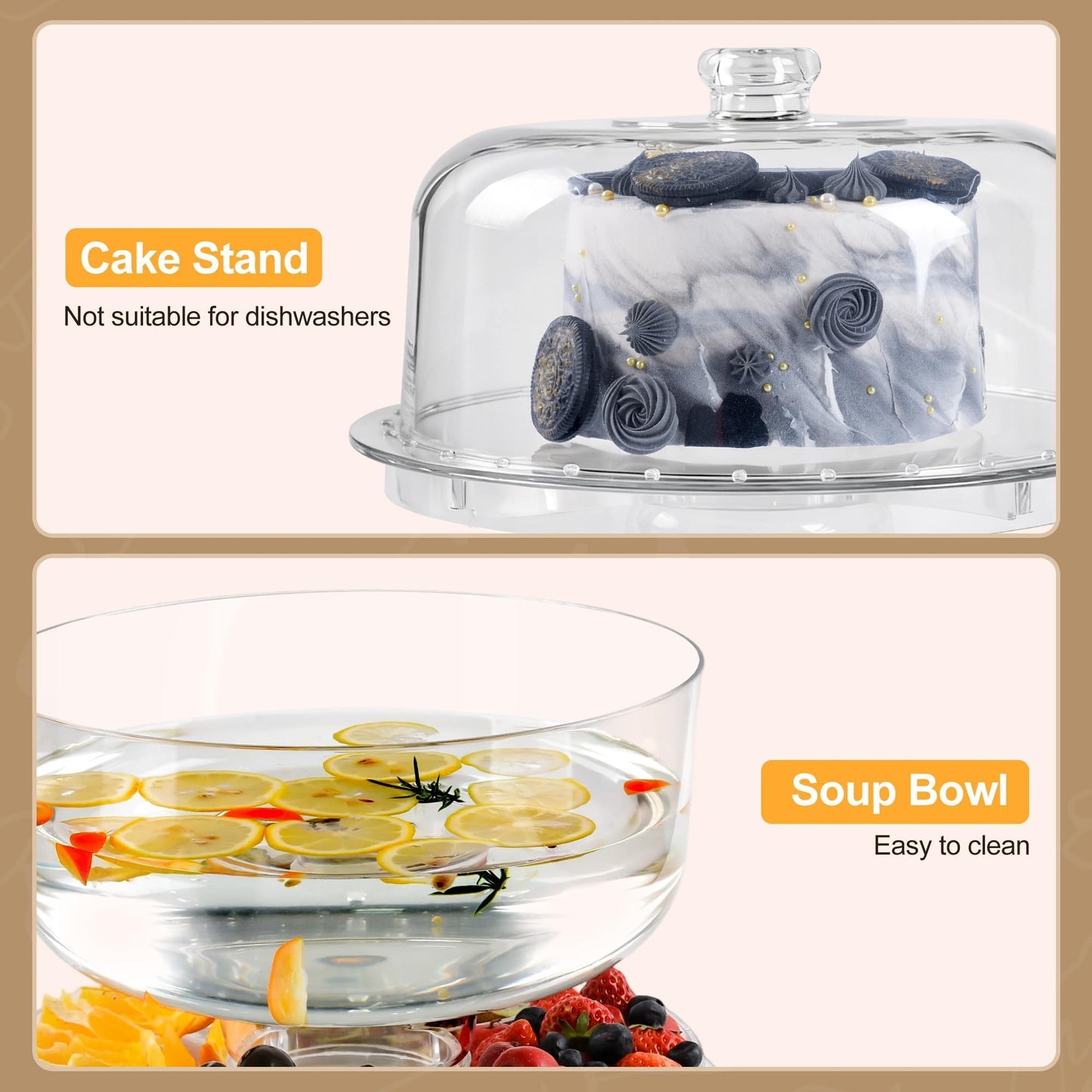 JOCHER Cake Stand with Acrylic Dome Cover, 6-In-1 Multi-Purpose Cake Stand with Lid, 12.2", Acrylic Cake Stand, Veggie Platter, Salad Bowl, Dessert Platter, Punch Bowl, BPA Free