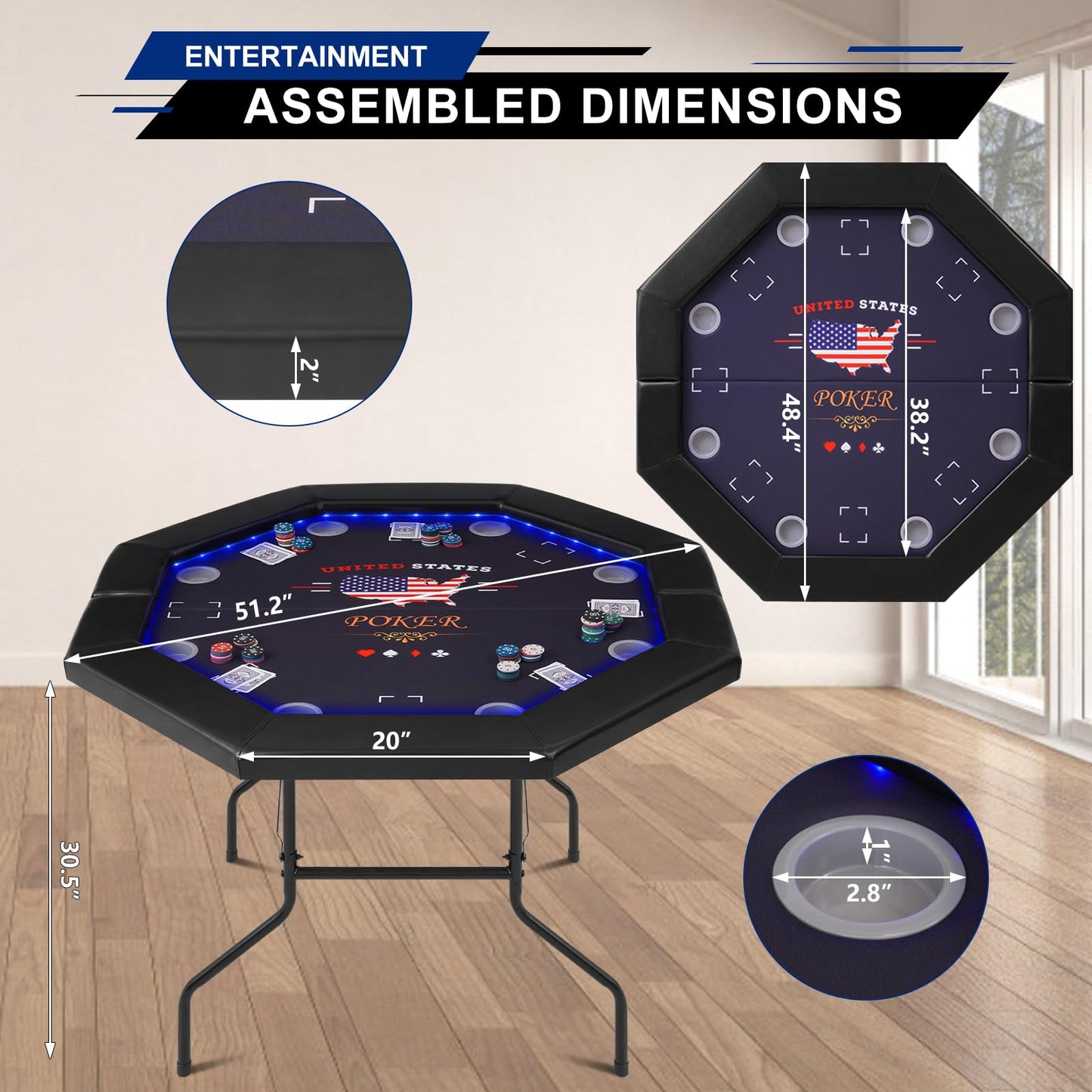 REAHOISY 48" LED Poker Table, 8 Players Foldable Octagonal Casino Table for Home Game Room, Folding Texas Holdem Board Game Table with LED Light & Padded Armrest & Cup Holders