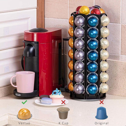 FlagShip Vertuo Pod Holder Carousel Stand for Nespresso Capsule Storage Organizer with Extra Space for Coffee Mate Silent Rolling (80+ Pod Storage)