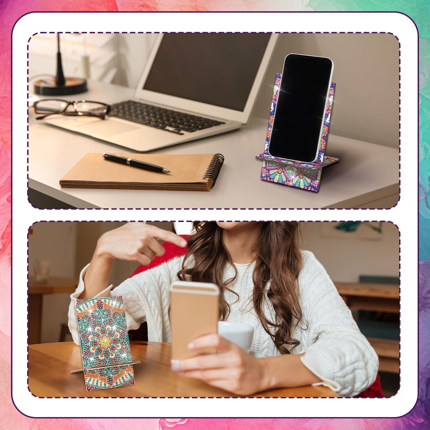 Saillong 4 Pcs Large Mandala Diamond Painting Cell Phone Stand 5.5 Inch DIY Full Drill Crystal Diamond Art Phone Holder Bling Painting Art Craft Kits for Beginner Adult