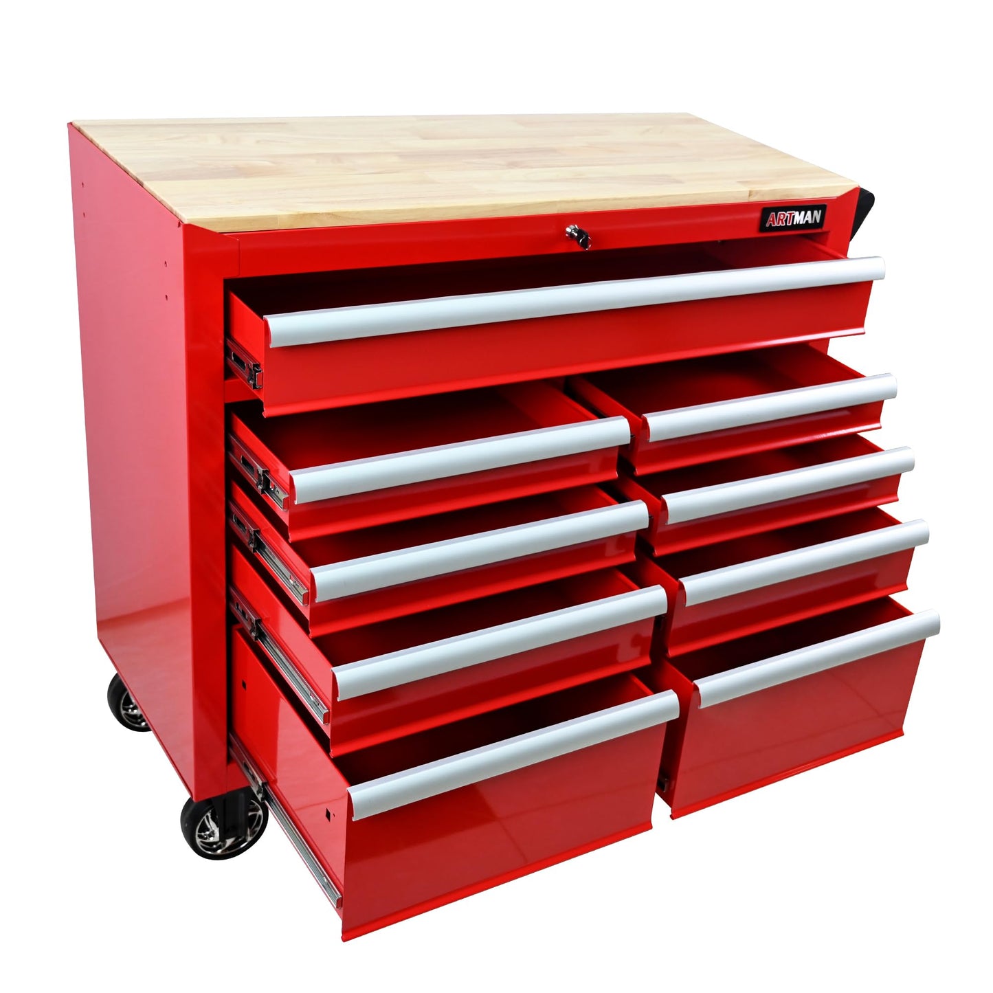 KEIKI 9 Drawer Rolling Tool Cart with Wooden Top, Metal Tool Cabinet with Wheels and Handle, Heavy Duty Storage Organizer for Garage Workshop (Red)