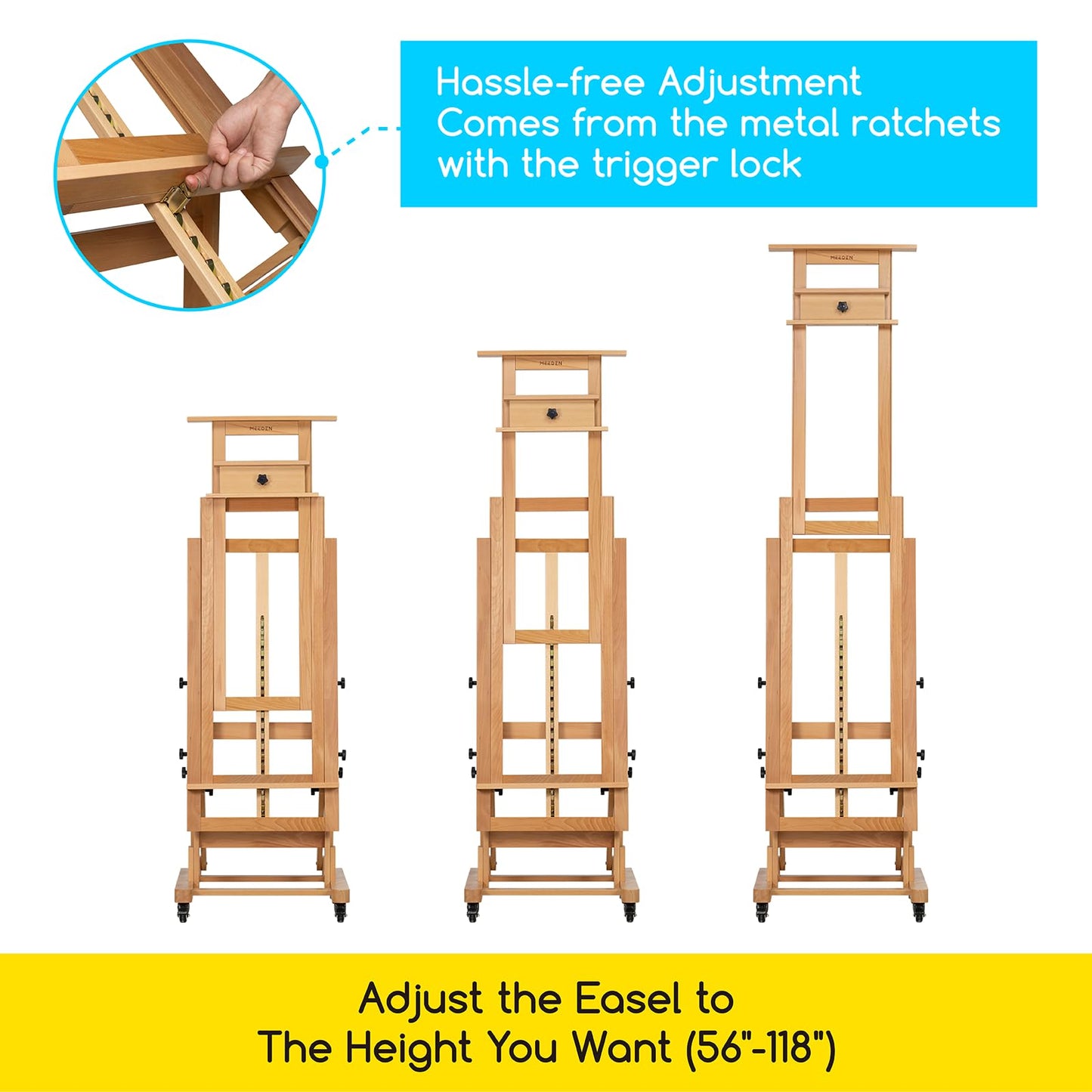 MEEDEN Movable Large H-Frame Painting Easel - Artist Studio Easel - Heavy Duty Art Easel Stand for Adults, Solid Beech Wood Easels, Holds Canvas Art Up to 78.7" High
