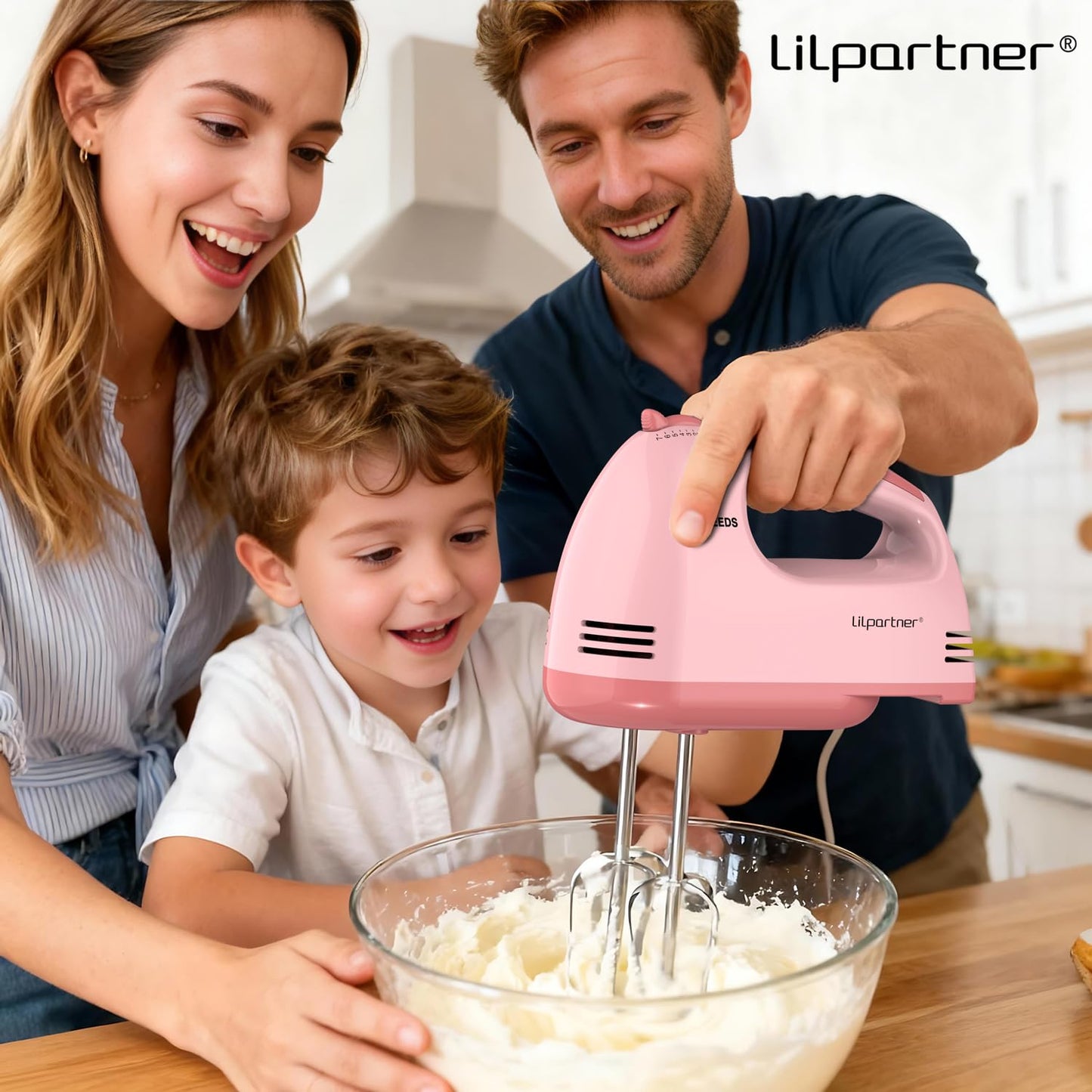 LILPARTNER Hand Mixer Electric, Small Food Mixer 7 Speeds Handheld Blender, 304 *(2* Beater, 2*Dough Hook) Kitchen Blender for Cream, Cookies, Dishwasher Safe