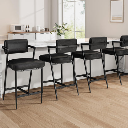 IDEALHOUSE Bar Stools Set of 4 with Armrest, Upholstered Counter Height Bar Stools with w/Backrest and Footrest, 27" Tall Bar Chairs Thick Cushion & Thickened Metal Legs, for Island