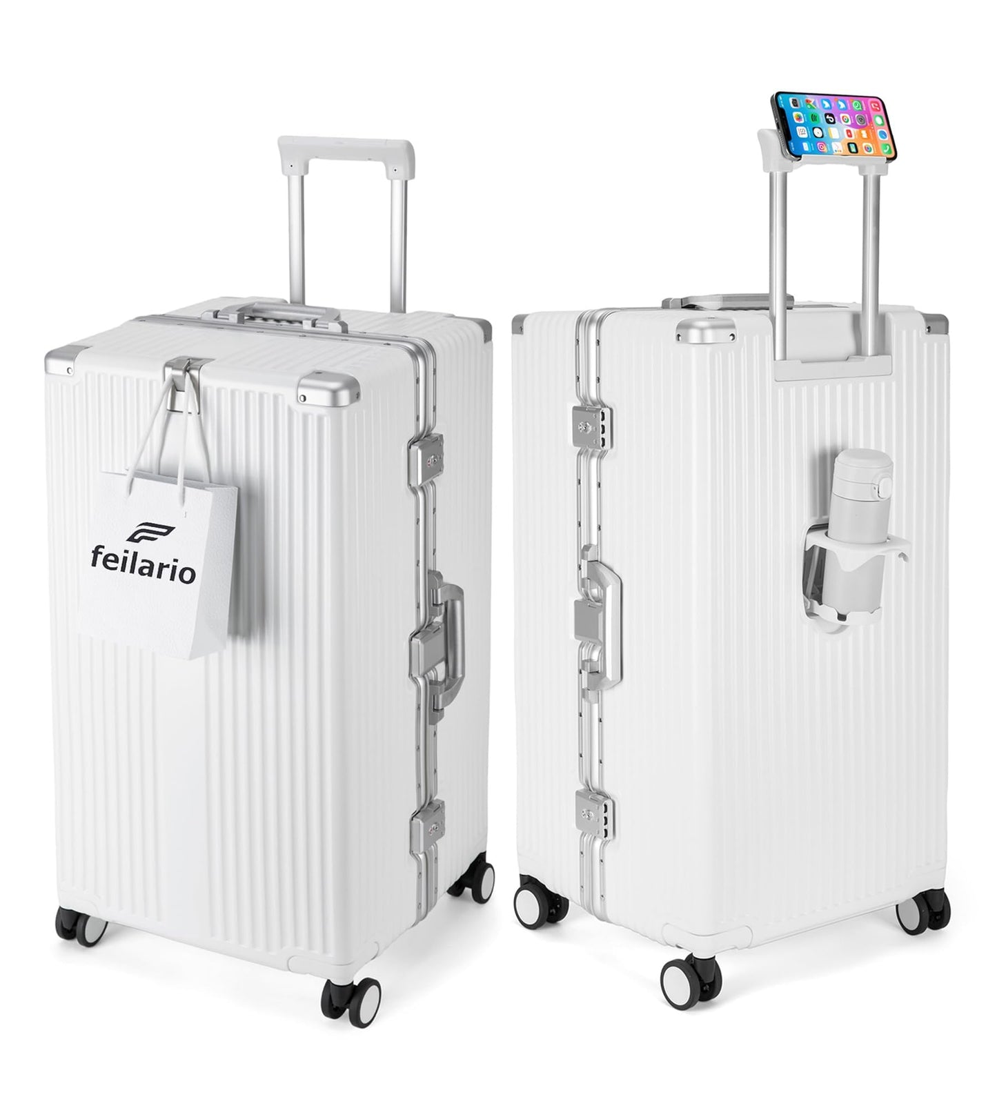 feilario 30in Super Large Captain Aluminum Frame Hardside Spinner Wheels Luggage, Removable Wheels Zipperless Checked Suitcase with Cup Holder/Phone Holder (Ivory White,30in)