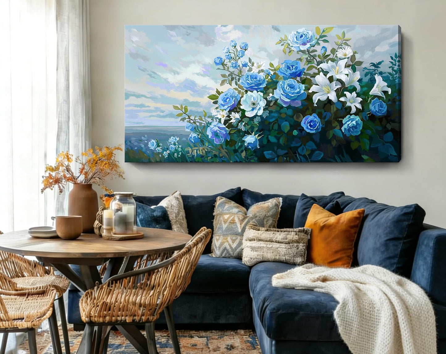 NiceTop 48x24 Inch Large Floral Canvas Wall Art, Waterproof Moisture Resistant Blue Rose White Lily Modern Botanical Artwork with Hanging Kit, Abstract Aesthetic Wrapped Canvas Print for Living Room, Bedroom, Bathroom, Boho Farmhouse Home Decor