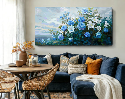 NiceTop 48x24 Inch Large Floral Canvas Wall Art, Waterproof Moisture Resistant Blue Rose White Lily Modern Botanical Artwork with Hanging Kit, Abstract Aesthetic Wrapped Canvas Print for Living Room, Bedroom, Bathroom, Boho Farmhouse Home Decor